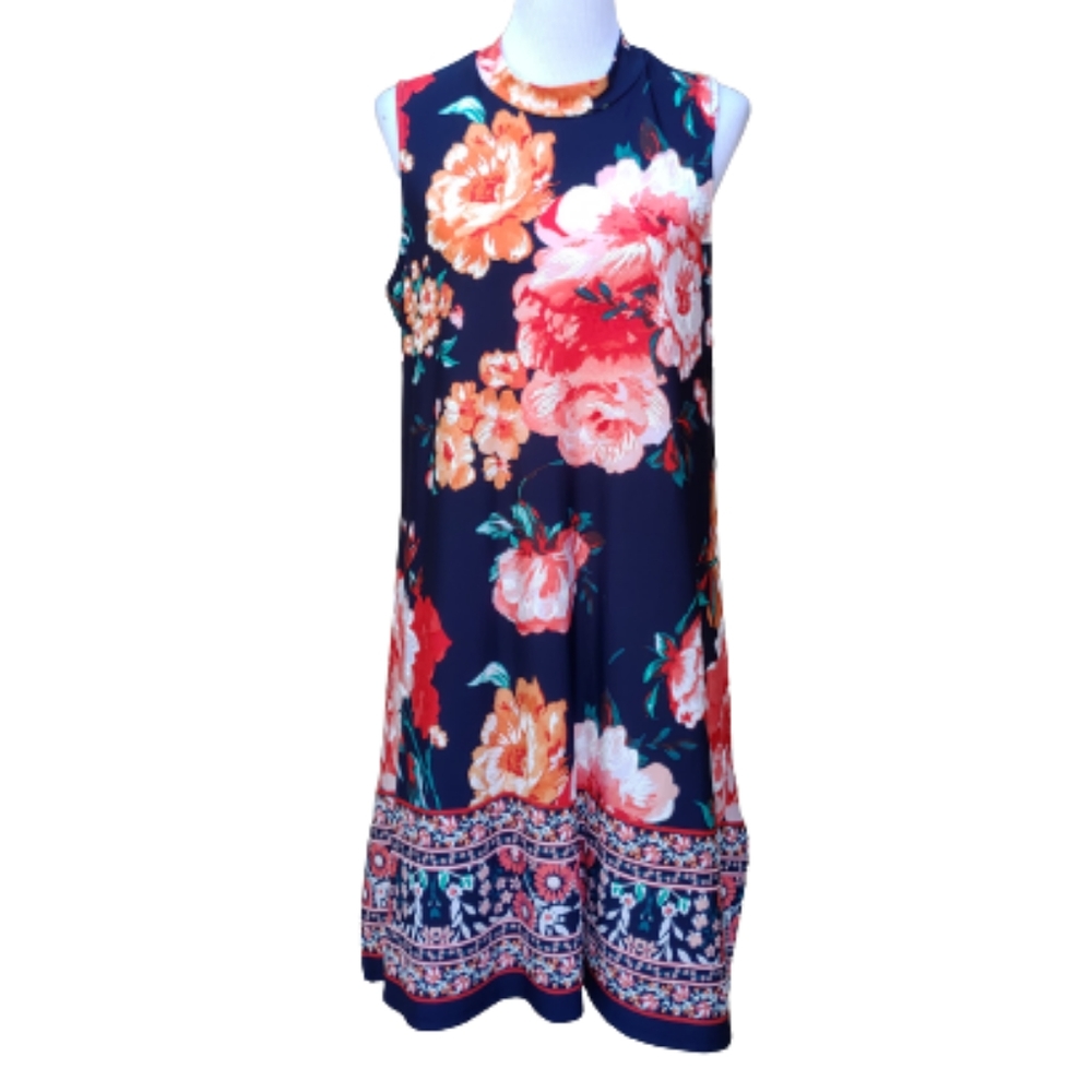 Tiana B Dress Blue Mixed Floral Print Shift Mock Neck NEW Short